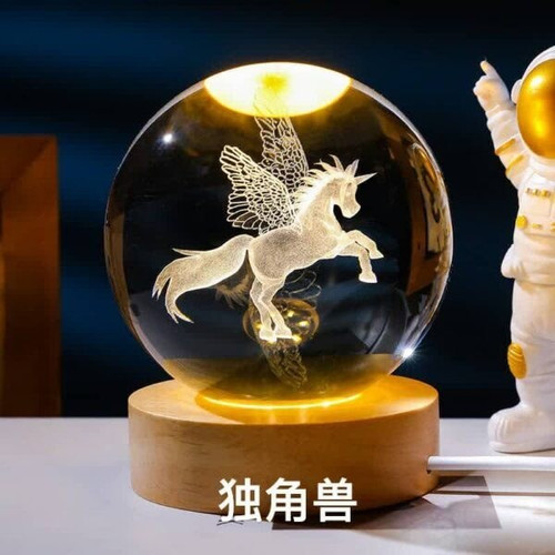 خرید چراغ خواب گوی کریستالی مدل اسب تک شاخ بالدار